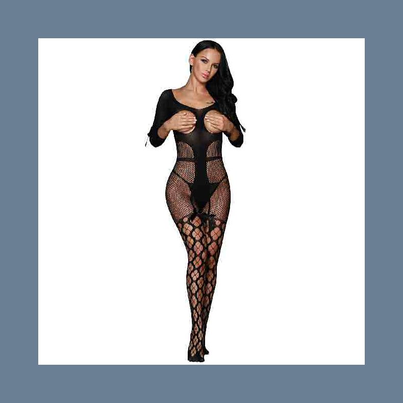 Open Cup Fishnet Off-shoulder Bodystocking with Bow