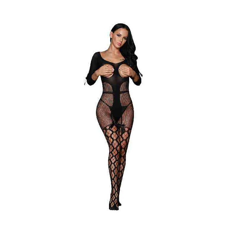 Open Cup Fishnet Off-shoulder Bodystocking with Bow