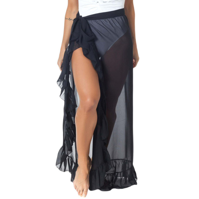 Black Ruffled Tulle Beach Cover up Maxi Skirt