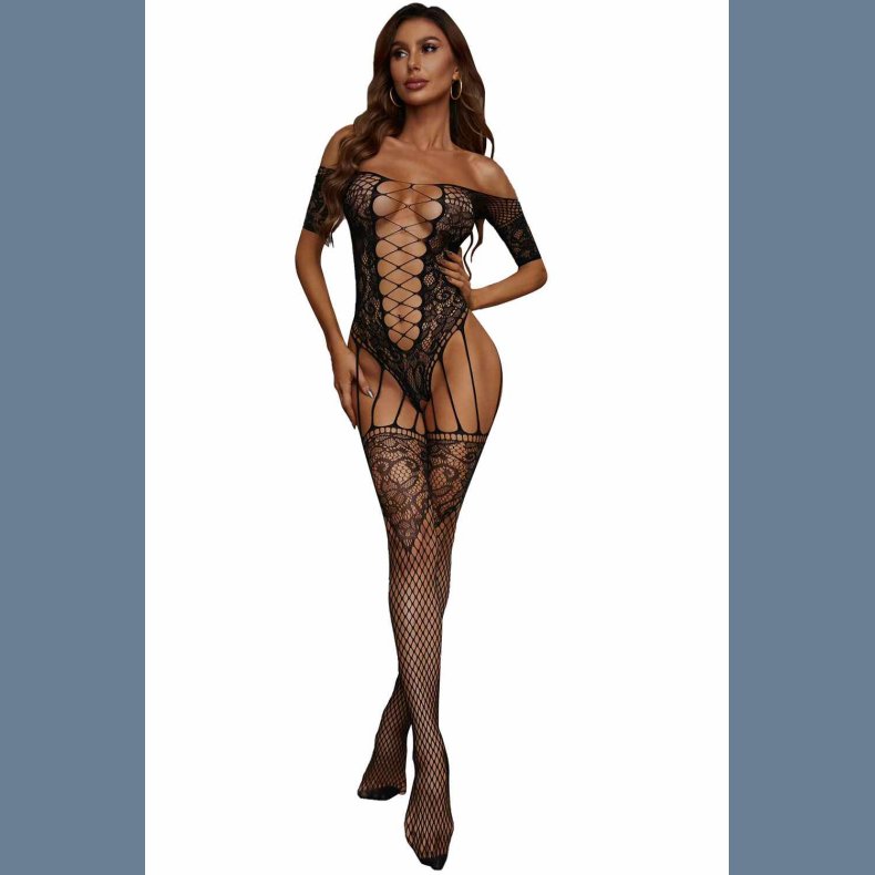 Black Criss Cross Fishnet Lace Body Stockings