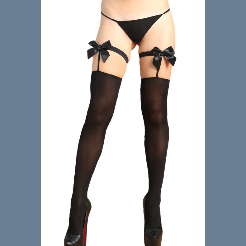 Black Satin Bow Accent Sheer Thigh High Stockings