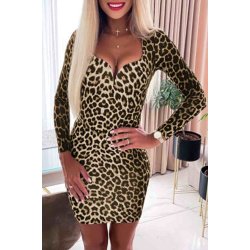 Leopard Langrmet Bodycon Minikjole 