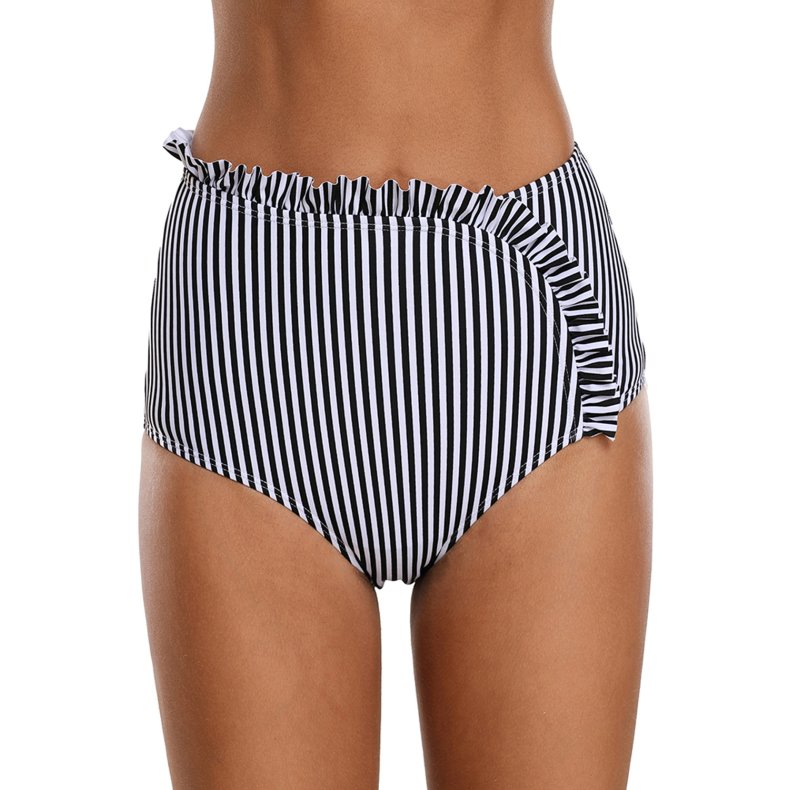 Black White Striped Asymmetric Ruffle Trim Swim Bottom