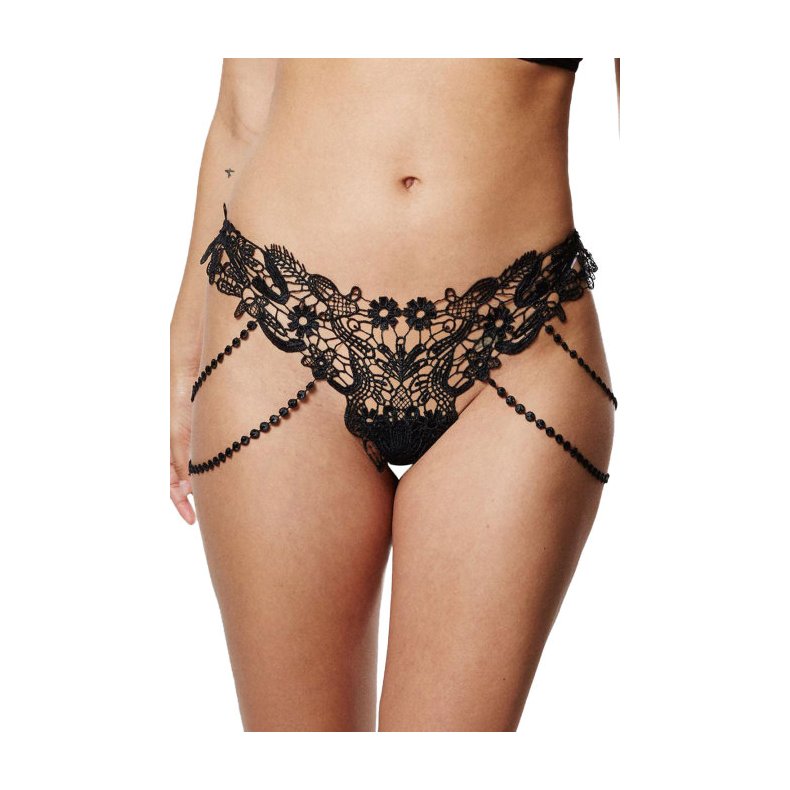 Beaded Chains Embroidered Lace Thong