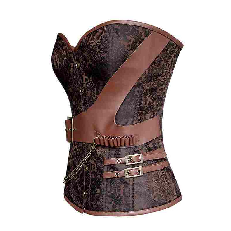 Steampunk Steel Boned Retro Brown Jacquard PU Leather Overbust Corset