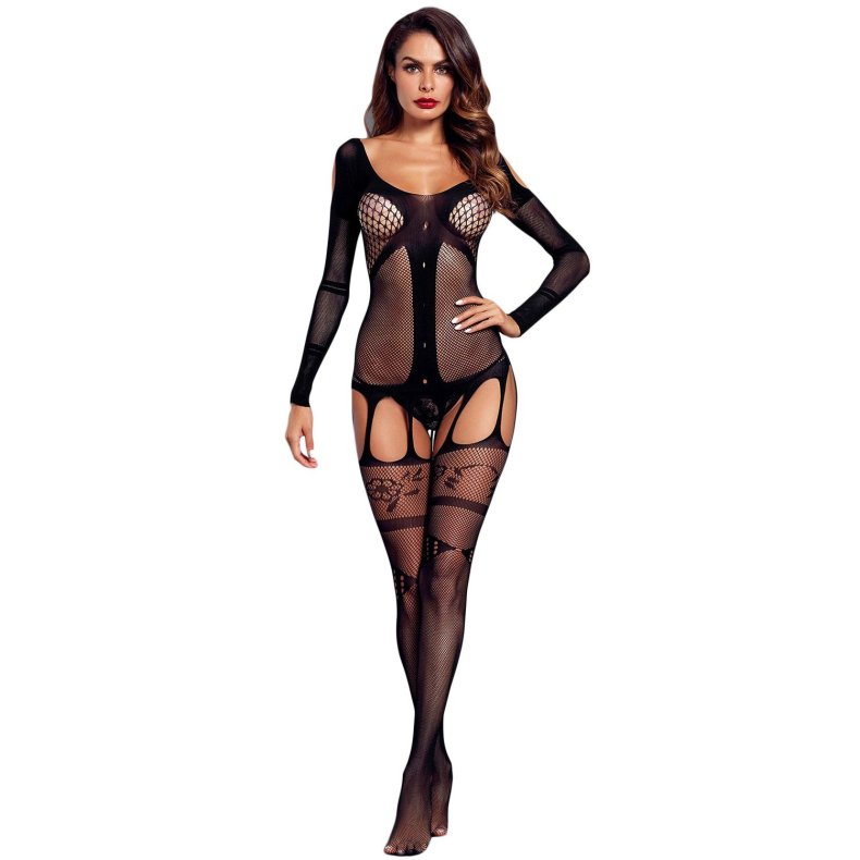 Long Sleeved Bustier Garter Open Crotch Bodystocking