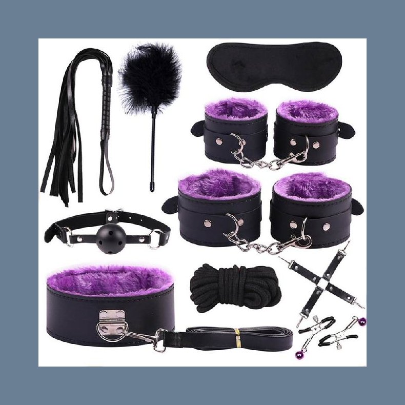 Sort og Farvet Plys Bondage Kit - 7 dele