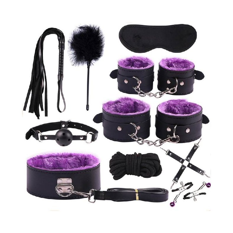 Sort og Farvet Plys Bondage Kit - 7 dele