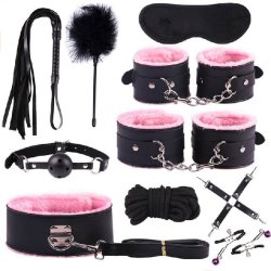Sort og Farvet Plys Bondage Kit - 7 dele