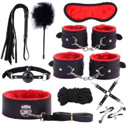 Sort og Farvet Plys Bondage Kit - 7 dele