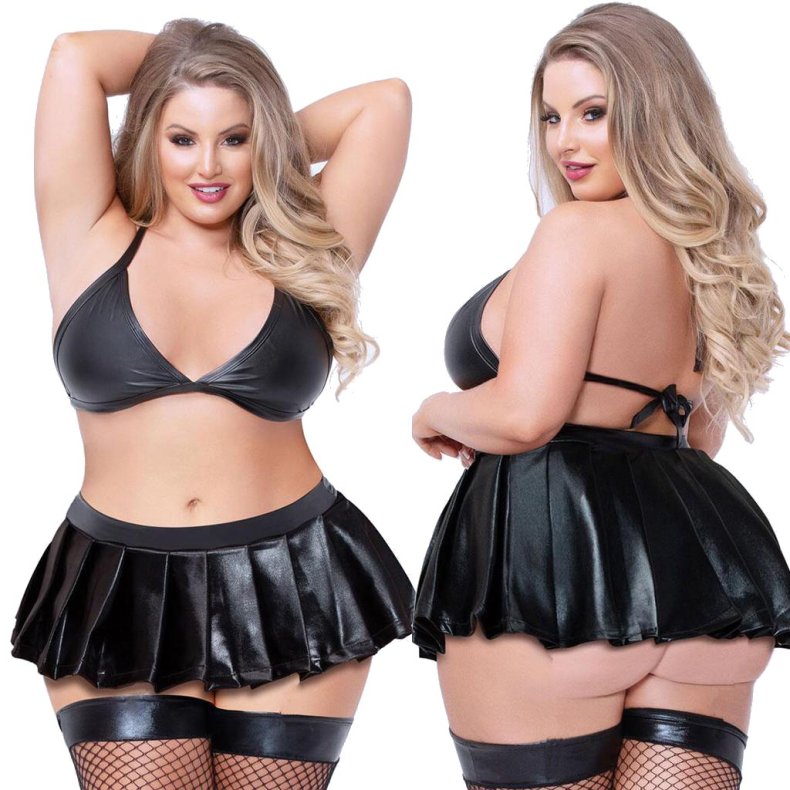 Leather Strappy Bra Pleated Mini Skirt Lingerie Set