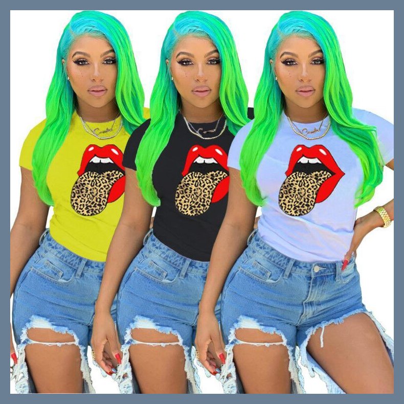 Tongue Print Casual Short Sleeve O Neck T Shirt