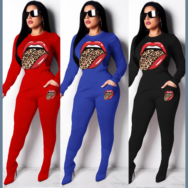 Casual Tongue Print Long Sleeve 2 Piece Sets