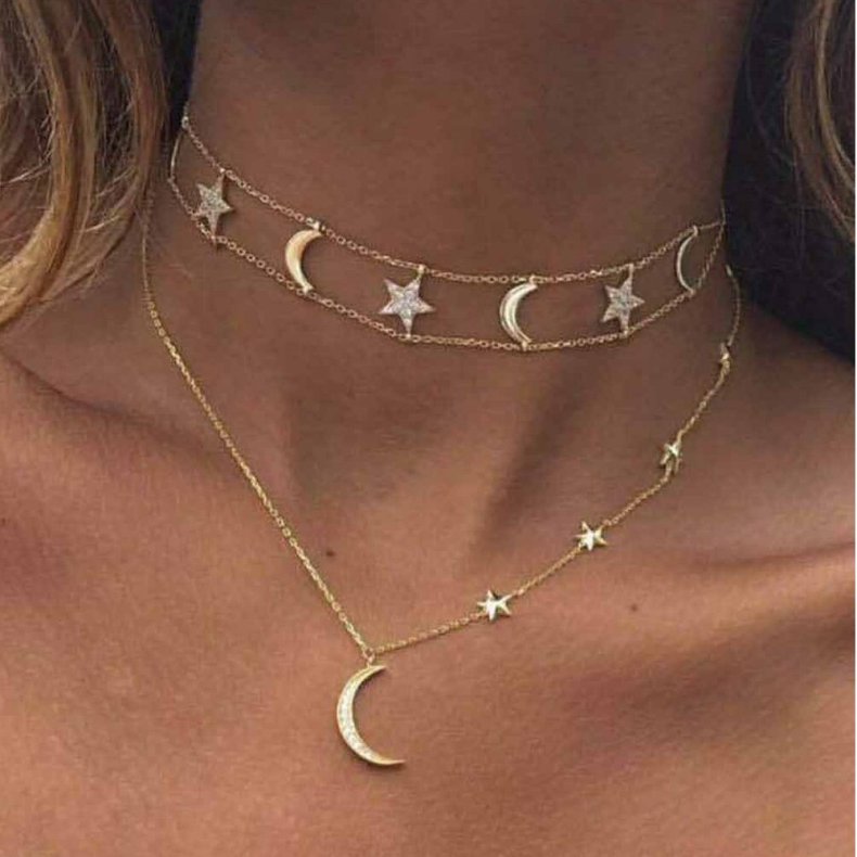 Tiered Stars Moon Pendant Necklace