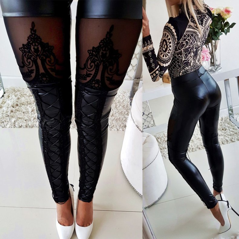 Black Lace-Up PU Leggings