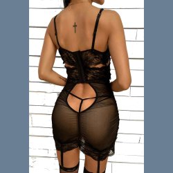 Sort Dyb V-hals Transparent Chemise 