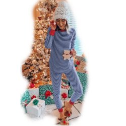 Stribet Pyjamas med rund hals med kontrast rd farve