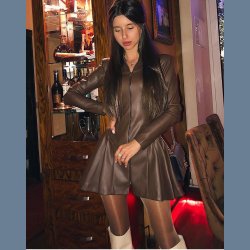 Vintage Style Zipped Up Pleated Leather Dress