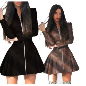 Vintage Style Zipped Up Pleated Leather Dress