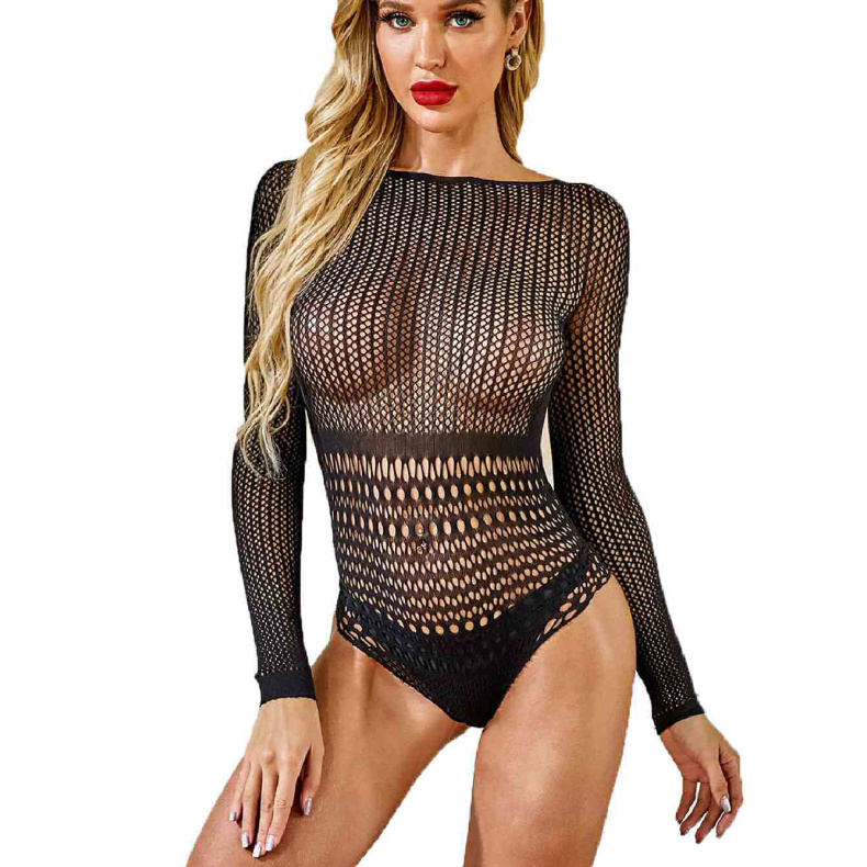 Sort Langærmet Blonde Net Teddy