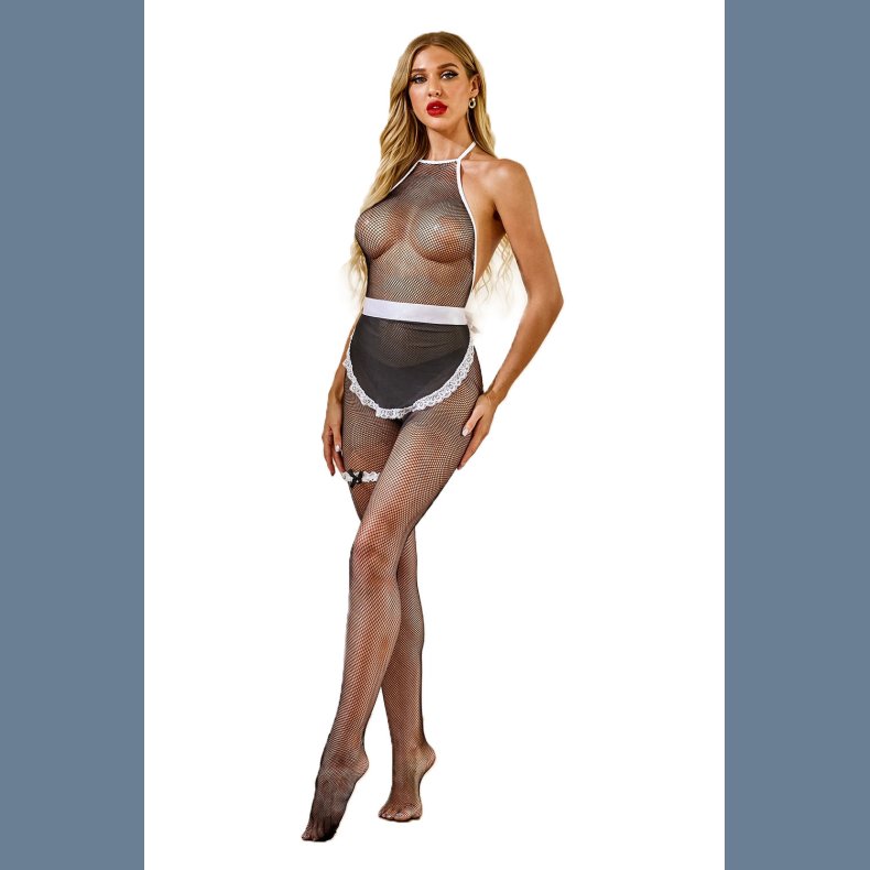 Sort Fiskenet Bodystocking med Forklde 