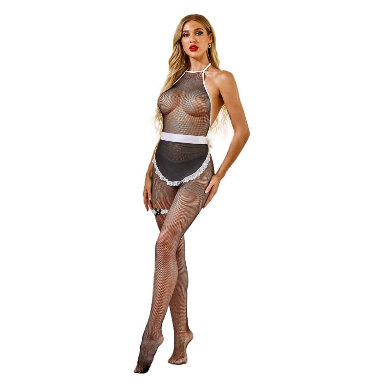 Sort Fiskenet Bodystocking med Forklde 