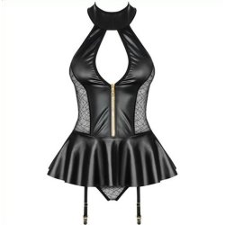 Haltered Front Hollowed-out Faux Leather Teddy