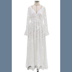 Bryllup Hvid Blonder V-hals Langrmet Brudekjole 