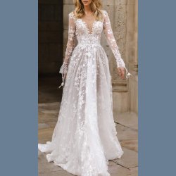 Bryllup Hvid Blonder V-hals Langrmet Brudekjole 