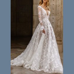 Bryllup Hvid Blonder V-hals Langrmet Brudekjole 