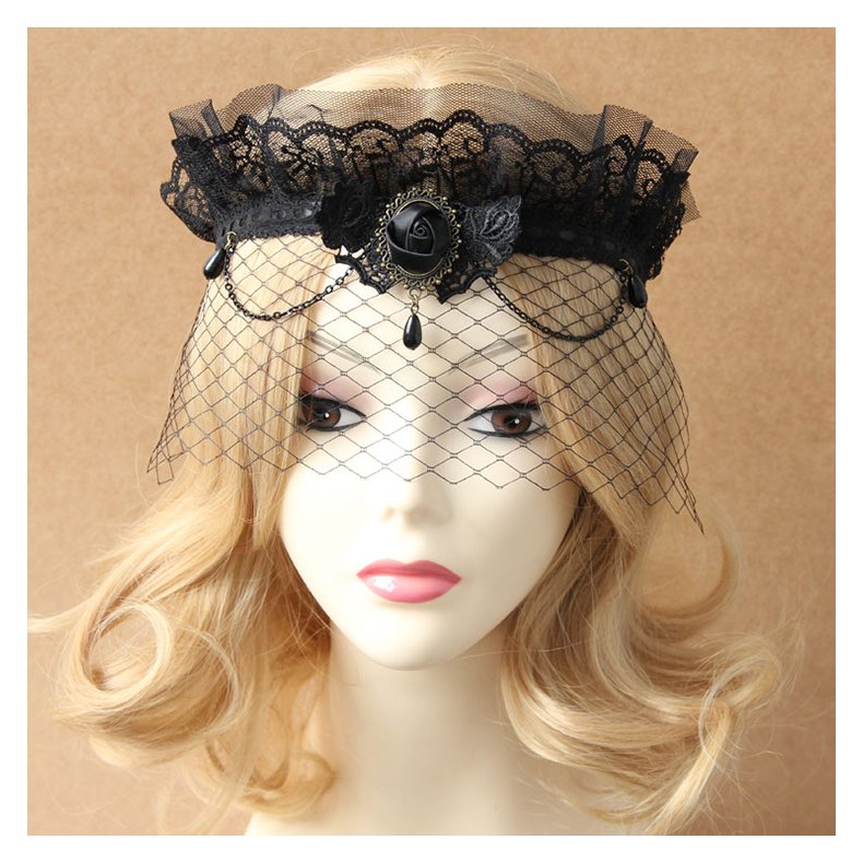 Deluxe Vintage Black Lace Crown Fishnet Half Mask
