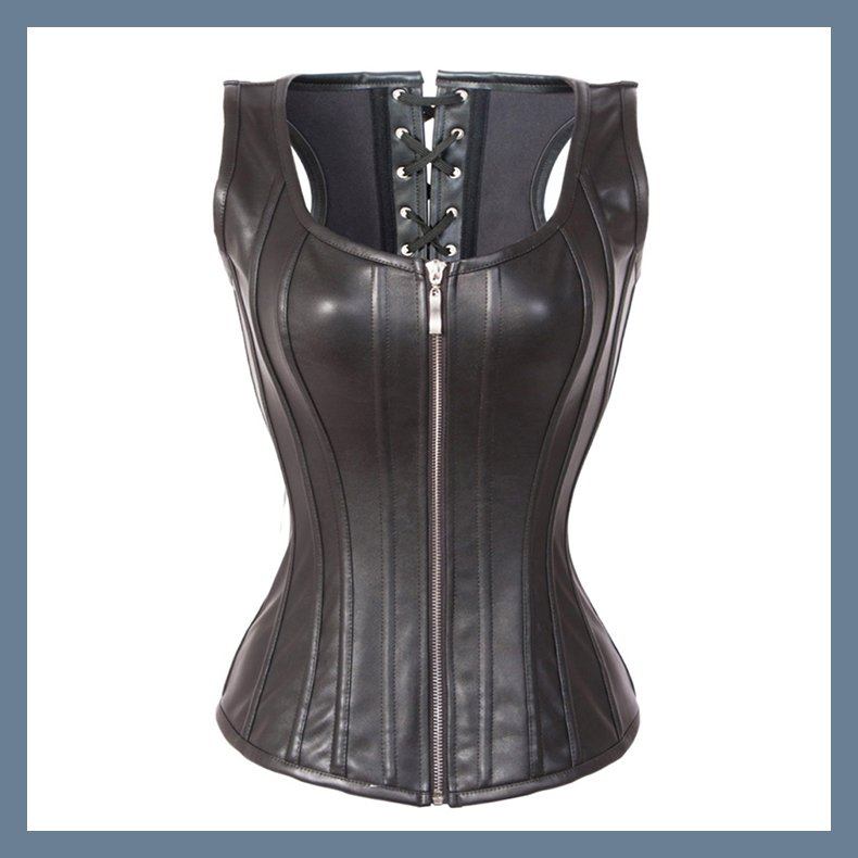 Black Steel Boned Zipper Vest Corset