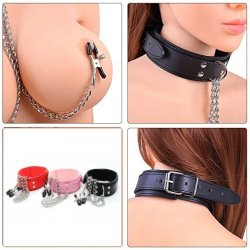 D Ring Bondage Halsrem med Nippel Klemmer