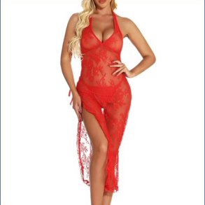 Fristende Rd Gennemsigtig Blonde Lang Natkjole 