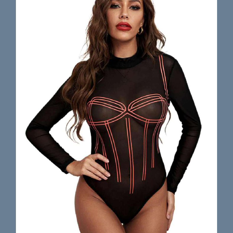 Sort Hjhalset Trykt Front Langrmet Body 