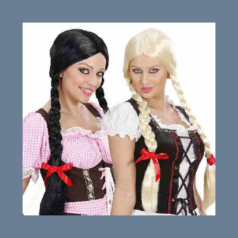 Paryk Gretel Tyrol Blond eller Sort med Fletninger