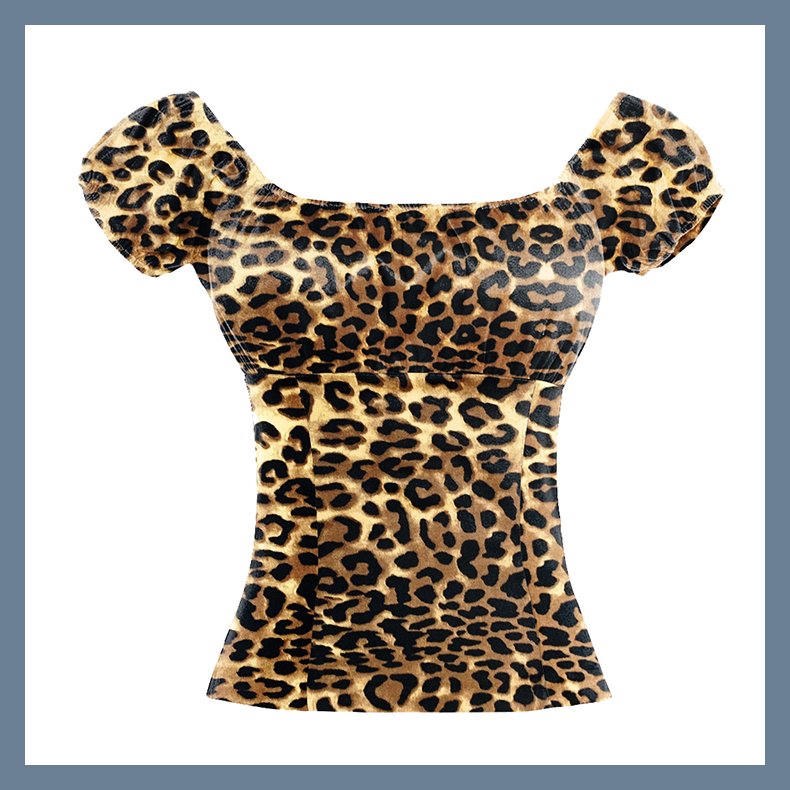 Leopard Pattern Short Sleeve Off Shoulder Casual Ruffled Blouse