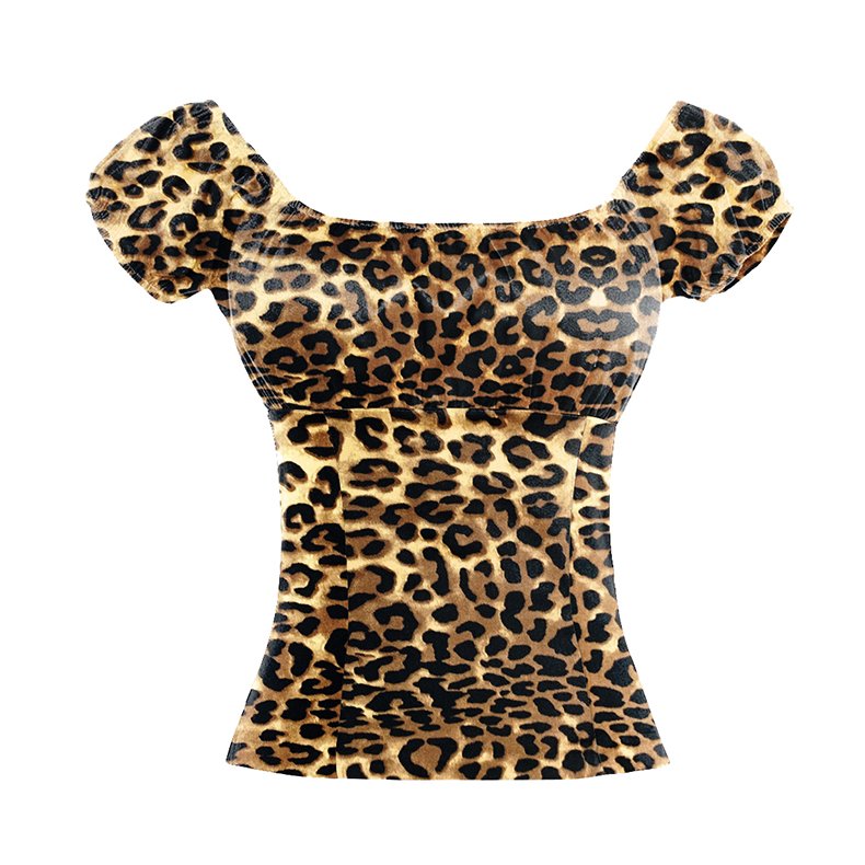 Leopard Pattern Short Sleeve Off Shoulder Casual Ruffled Blouse